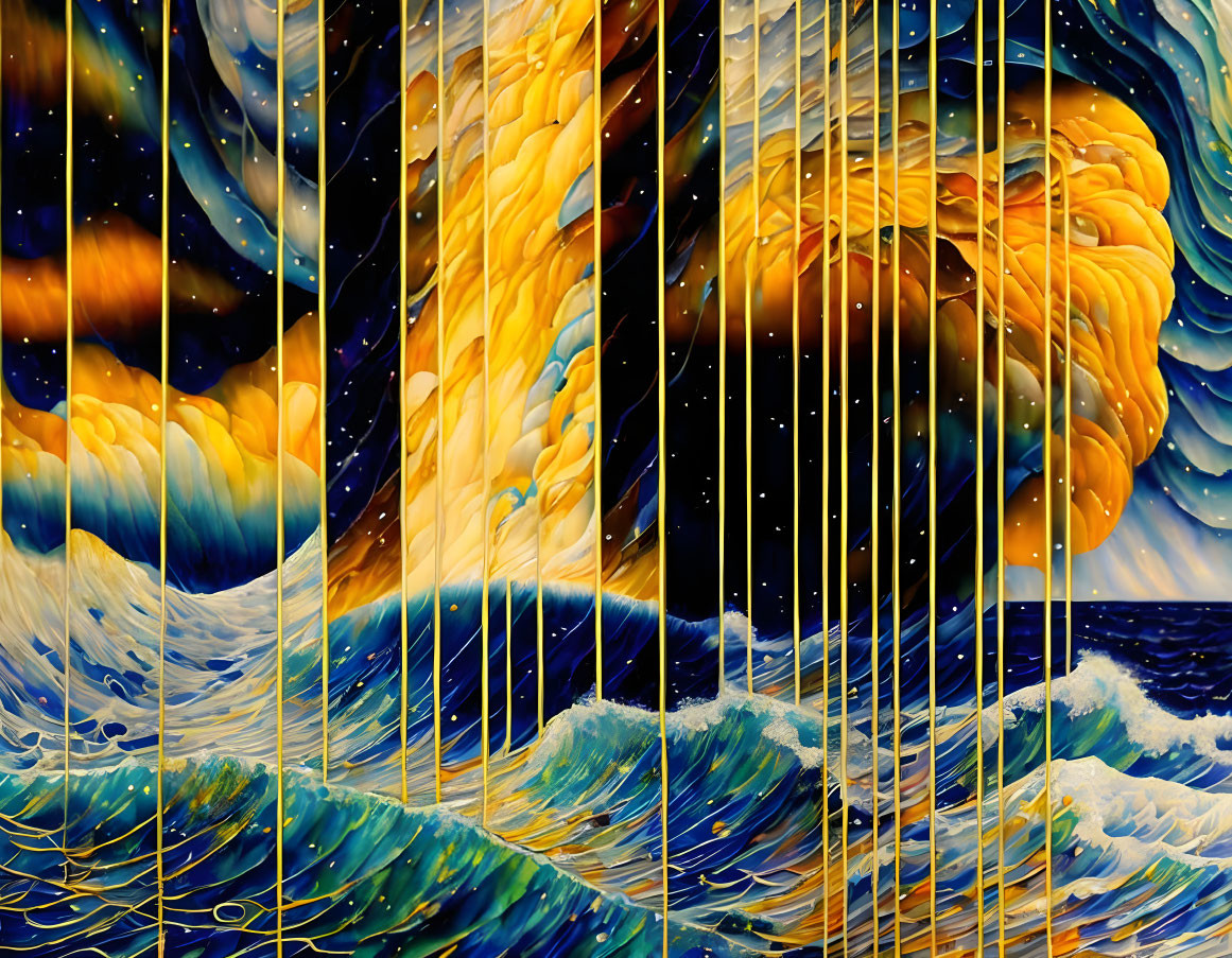 Colorful painting of stormy sea and cosmic sky with rolling waves and gold clouds.