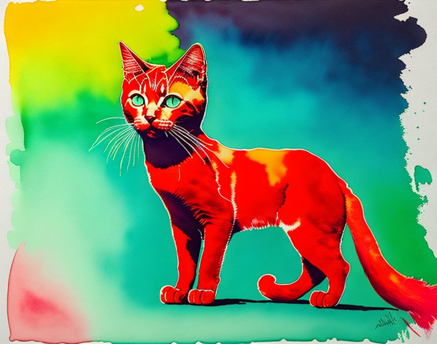 Colorful Artwork: Red Cat with Green Eyes on Multicolored Background