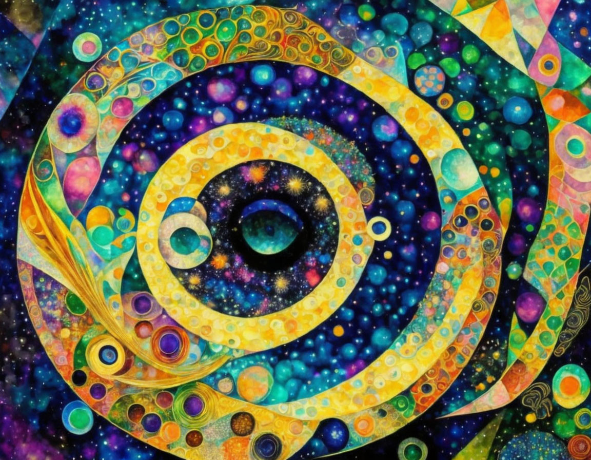 Colorful psychedelic artwork with swirling patterns and celestial motifs centered around an eye-like galaxy on a starry