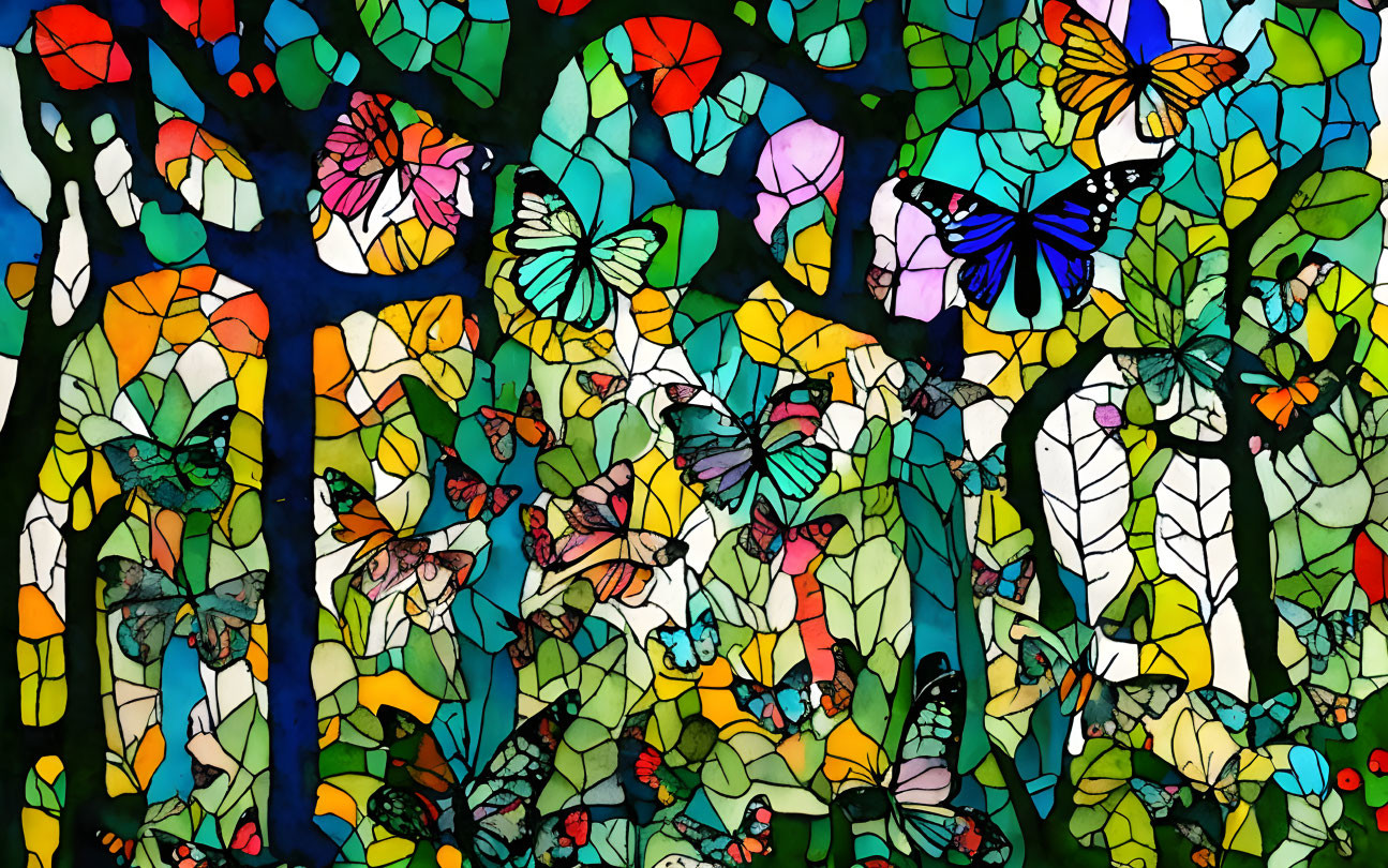 Colorful Butterfly Stained Glass Illustration in Forest Scene