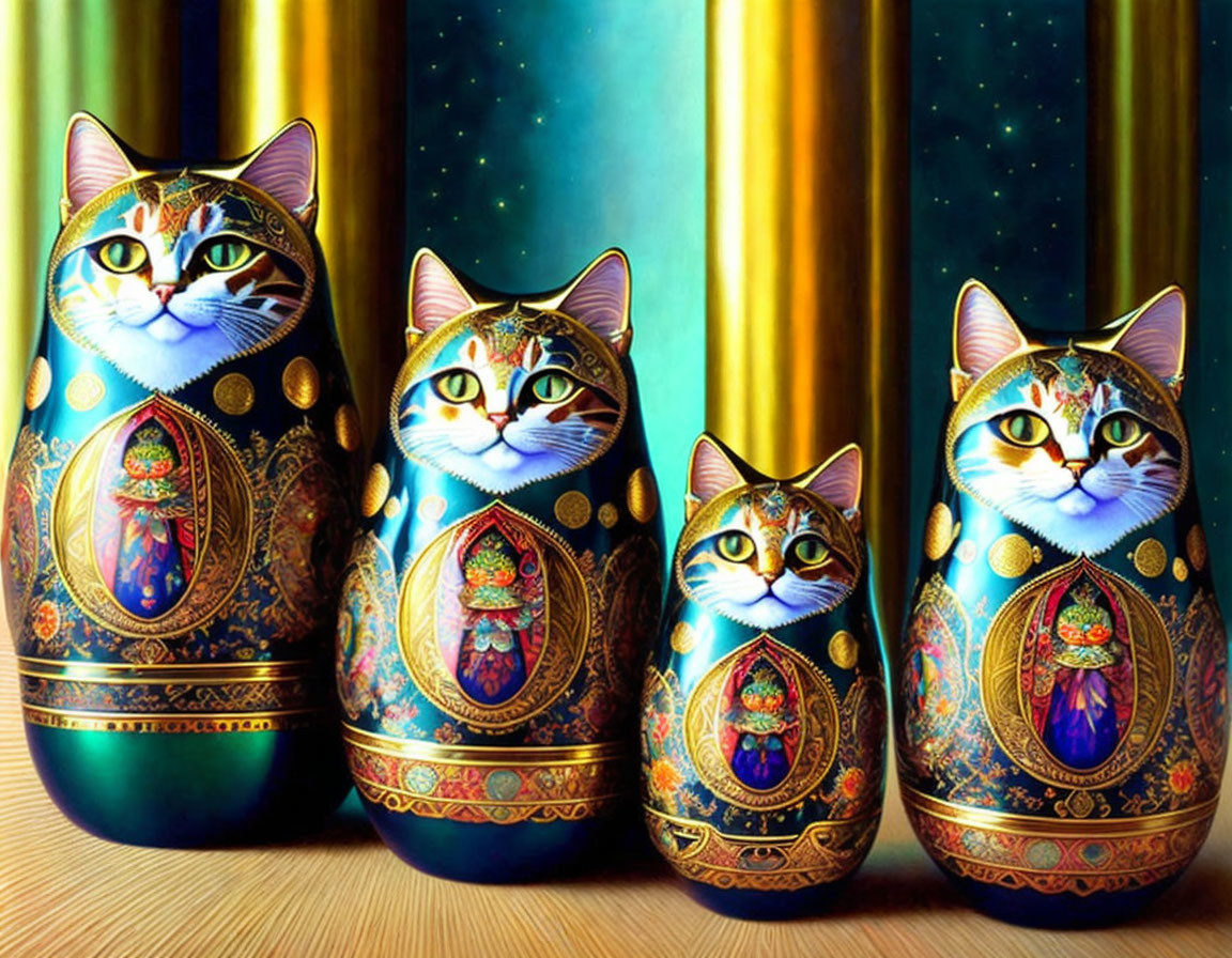 Colorful Cat-Faced Matryoshka Dolls on Starry Background