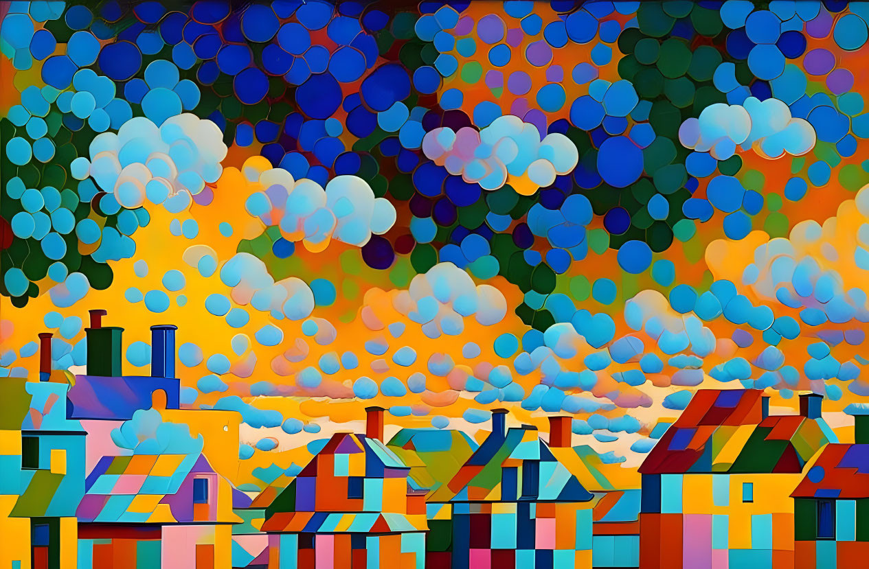 Vibrant townscape artwork with colorful houses and circular sky