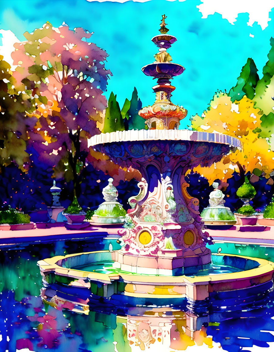 Multilevel fountain with vibrant watercolors in serene garden