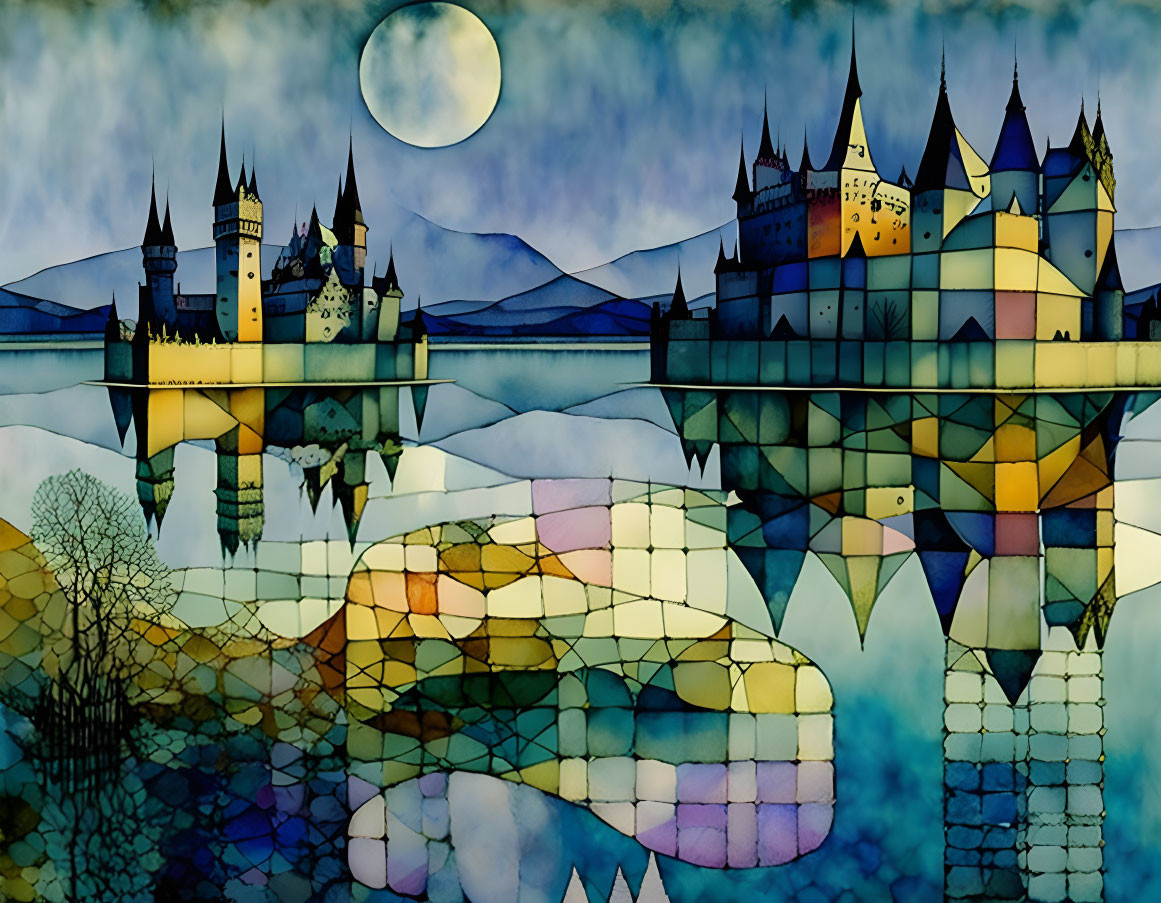 Colorful Castles Reflections in Water Mosaic Art