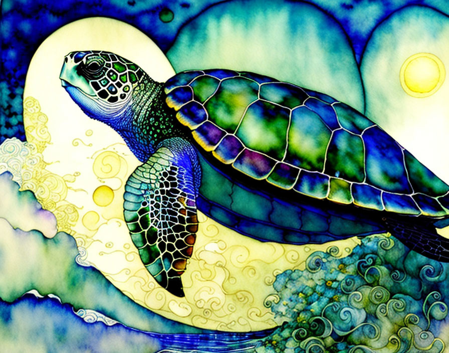 Colorful Sea Turtle Swimming in Sunlit Ocean Waves