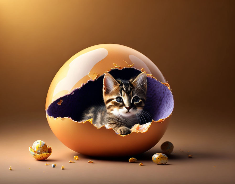 Adorable kitten in cracked chocolate Easter egg on warm background