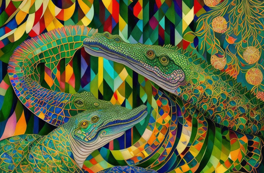 Colorful Crocodiles on Geometric Background with Peacock Feathers