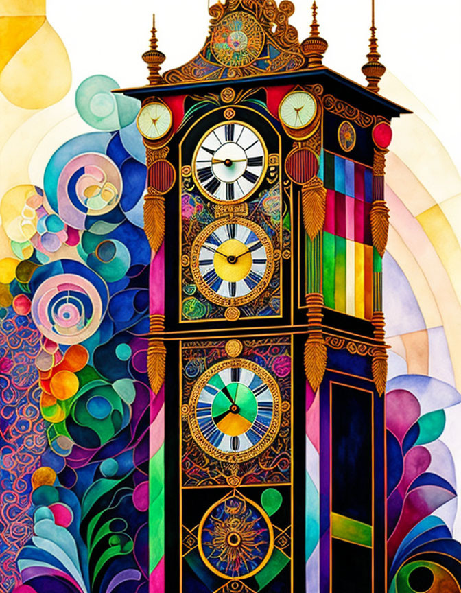 Vibrant clock tower illustration with ornate details