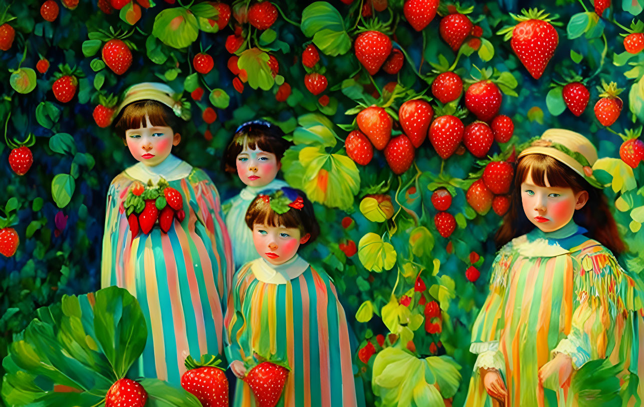 Four Girls in Striped Dresses Among Lush Greenery and Oversized Strawberries