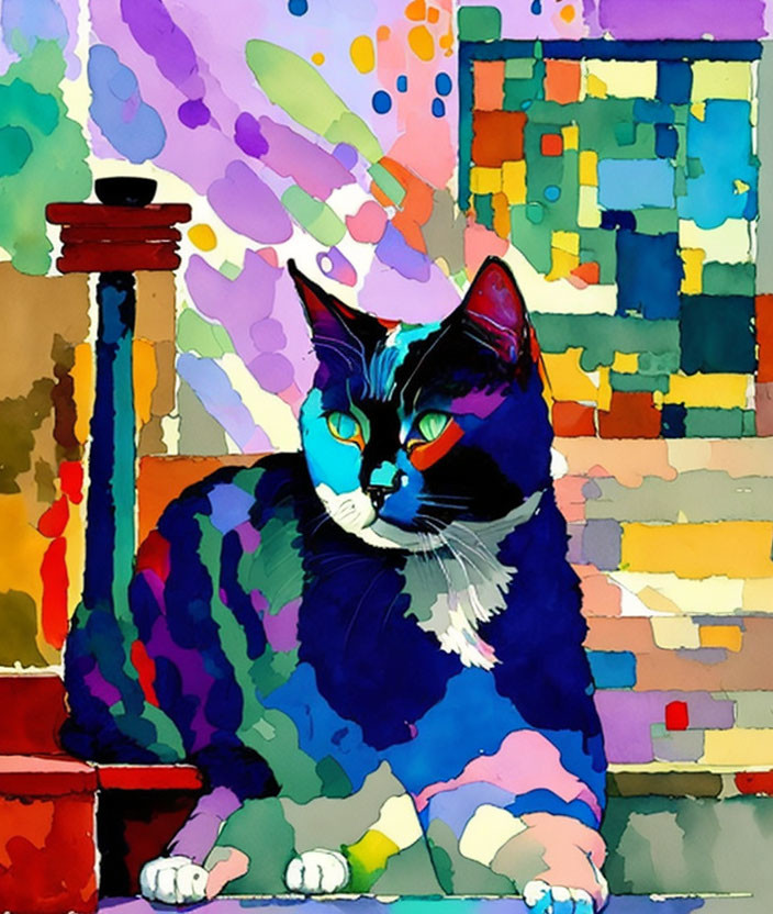 Vivid Abstract Cat Painting with Colorful Patterns