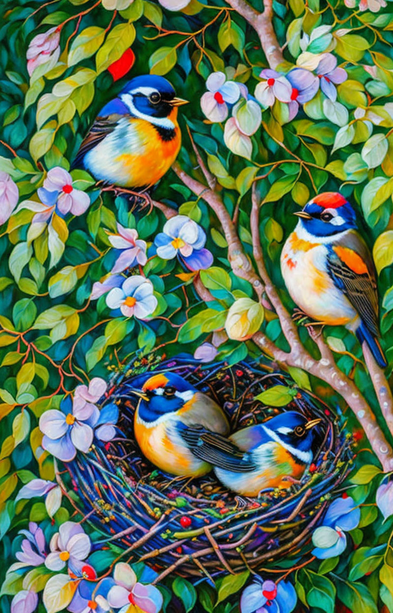 Colorful Birds Among Green Leaves and Blossoms: Vibrant Painting Featuring Three Birds Nesting in Nature
