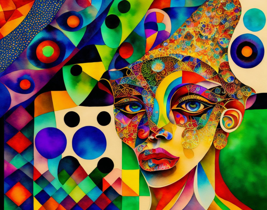 Colorful Abstract Painting of Geometric Face and Shapes