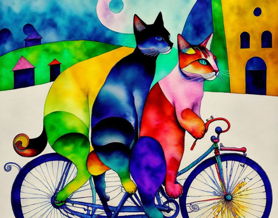 Vibrant illustration of two cats on a bicycle in whimsical setting