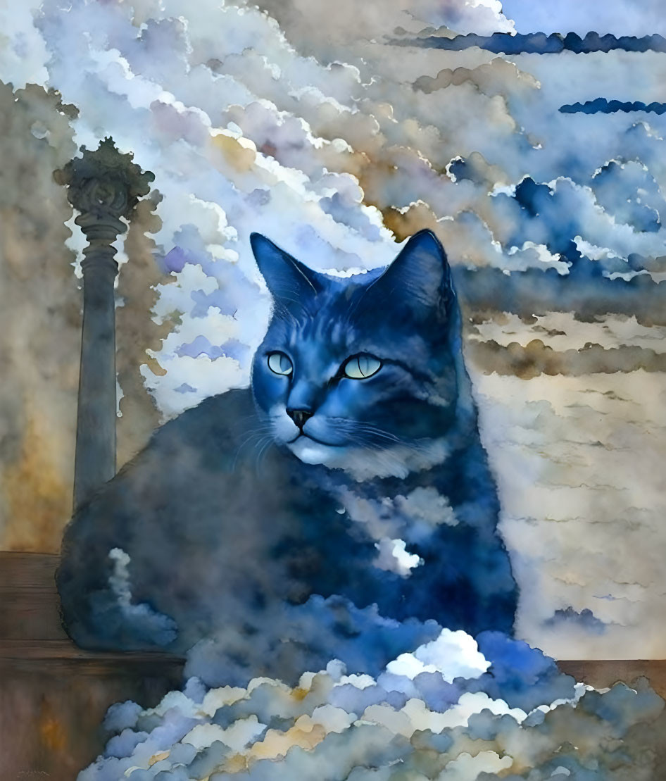 Blue-Gray Cat Watercolor Illustration with Cloudy Sky and Lamp Post Detail