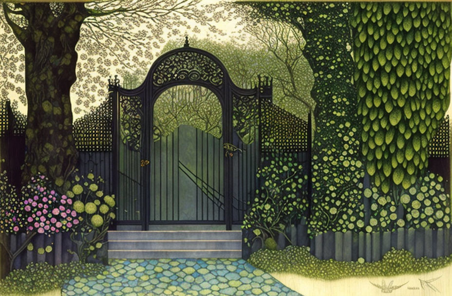 Ornate black iron gate in lush garden with vibrant plants