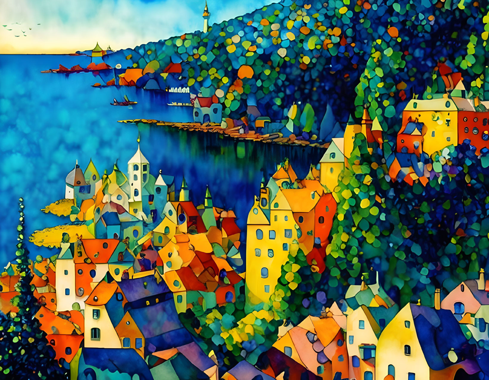 Vibrant coastal village painting with warm colors and mosaic texture