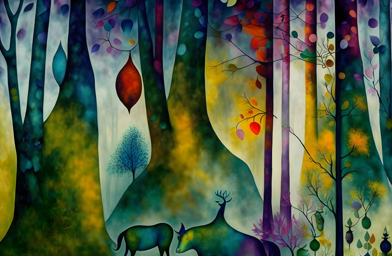 Colorful whimsical forest illustration with stylized trees, leaves, and deer silhouette
