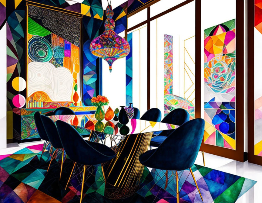 Colorful Dining Room with Stained Glass Windows and Chandelier