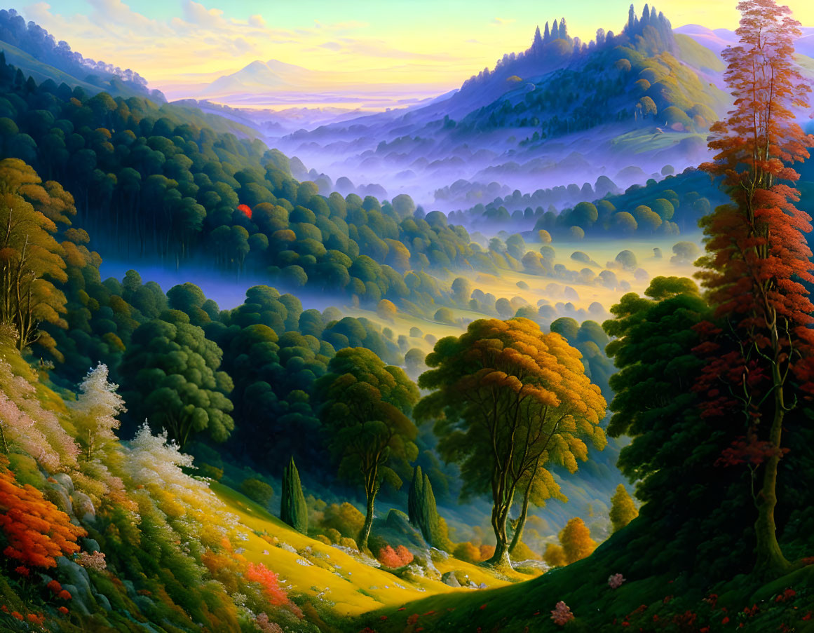 Colorful Trees and Misty Hills in Dawn/Dusk Landscape