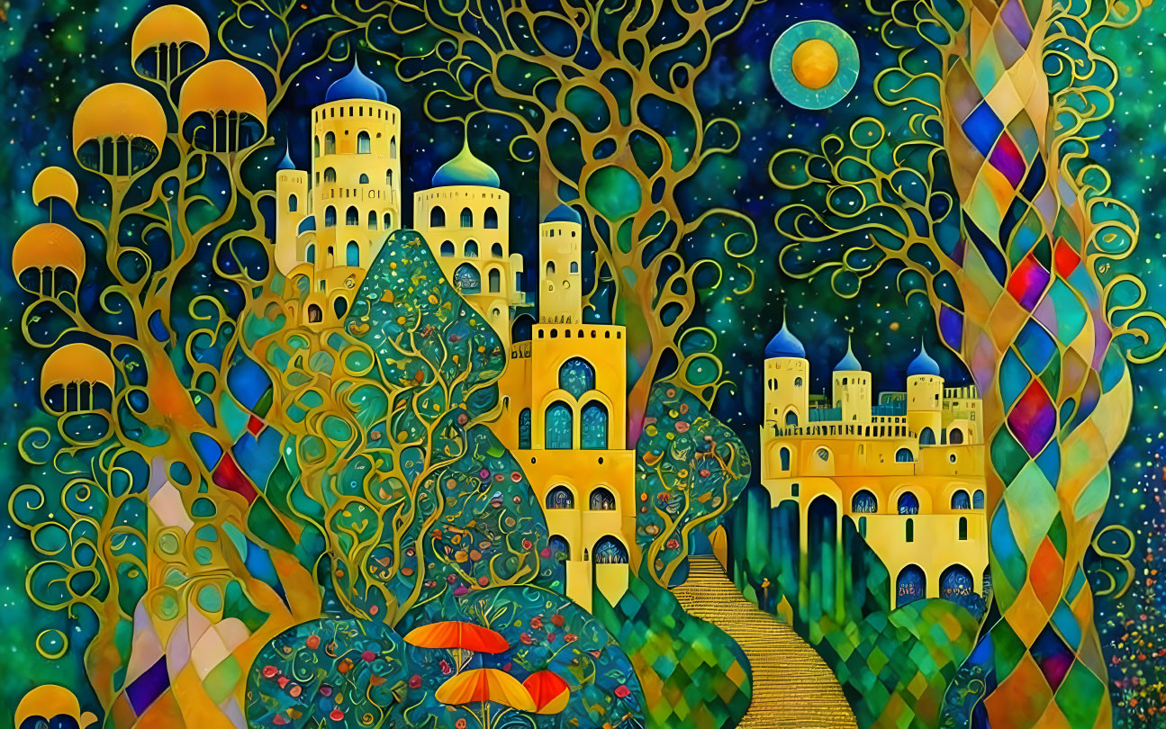 Colorful artwork of whimsical castles under starry sky