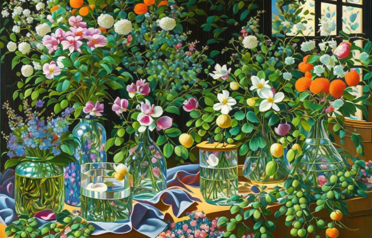 Detailed painting of vases, flowers, and fruits on a table with lush greenery by a window