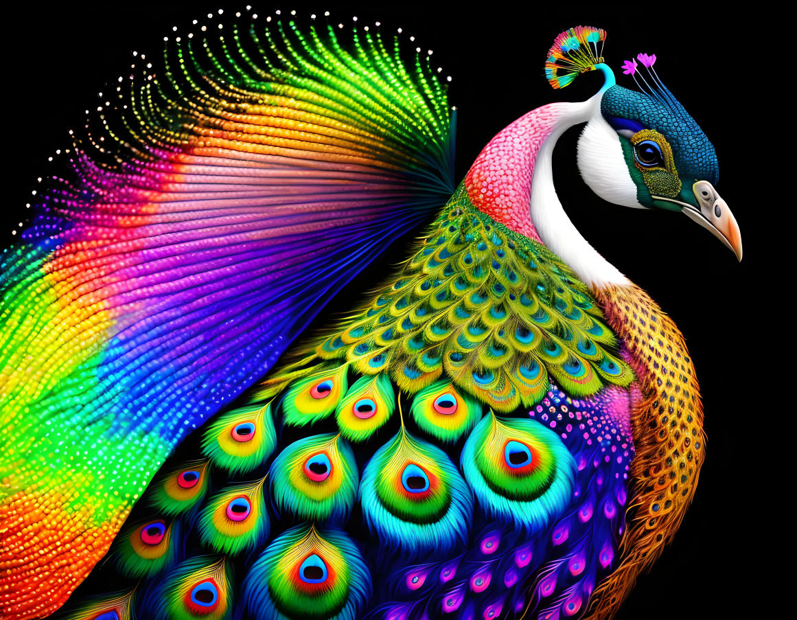 Colorful Peacock Digital Artwork on Black Background