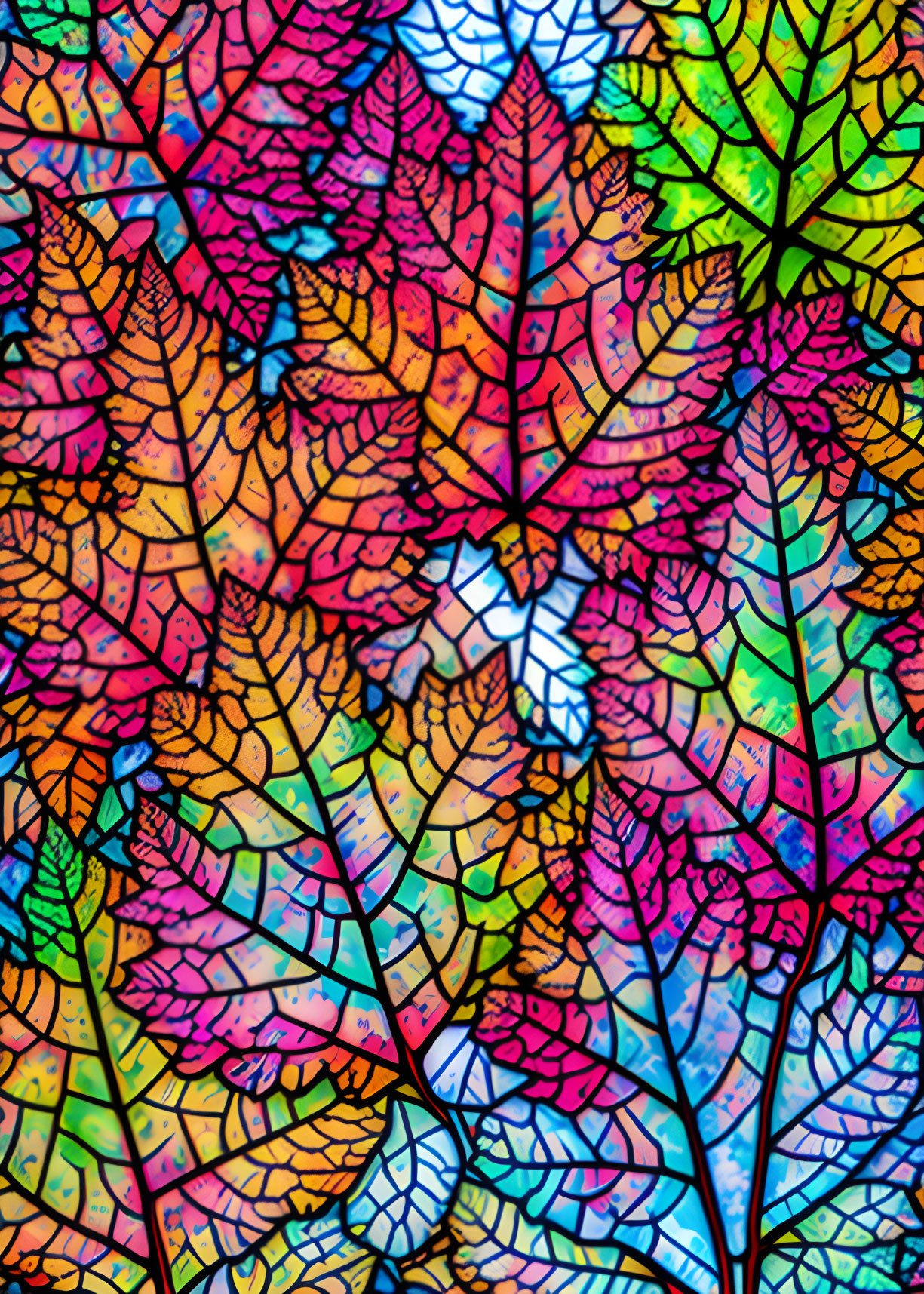 Vibrant Autumn Leaves Stained Glass Illustration