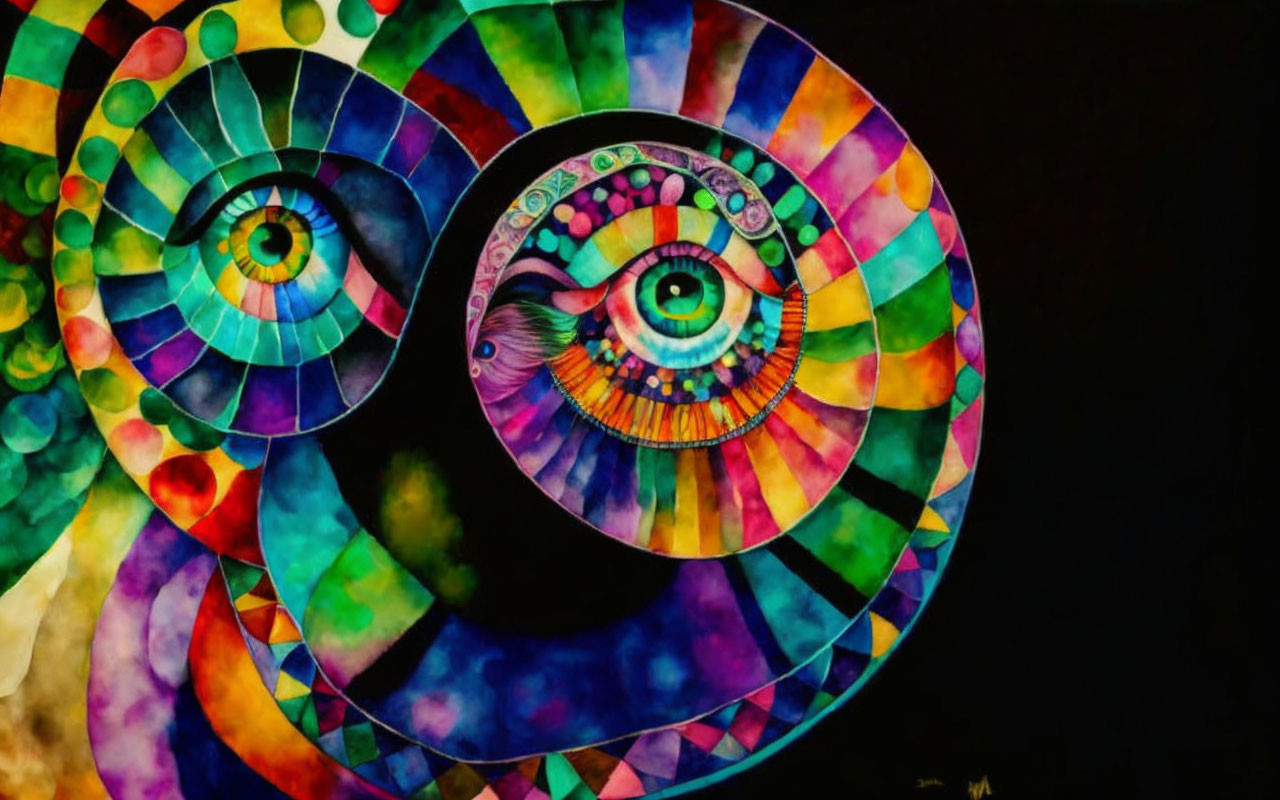 Colorful Spiral Artwork with Intricate Eye Patterns on Black Background