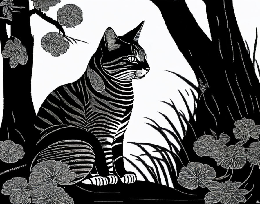 Monochrome striped cat in nature with plants and trees