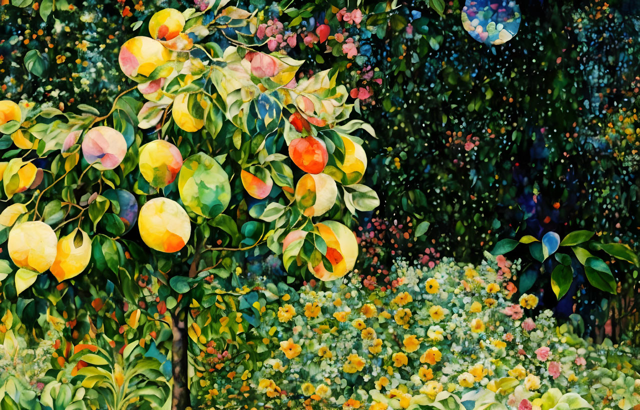 Colorful garden painting with fruit trees in pointillism style