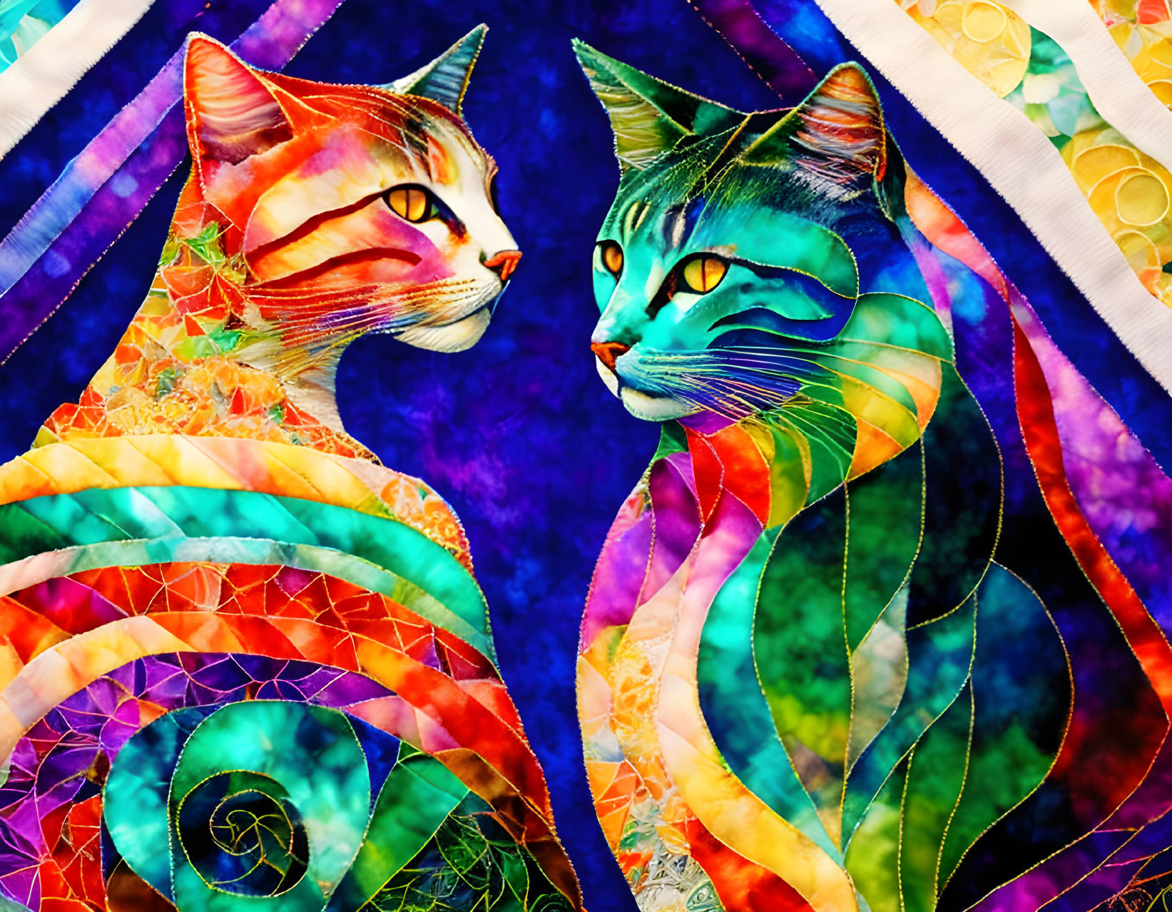 Vibrantly colored mosaic-style illustrated cats on blue and purple stained-glass background