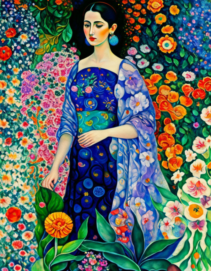 Vibrant painting of woman in floral dress surrounded by lush flowers