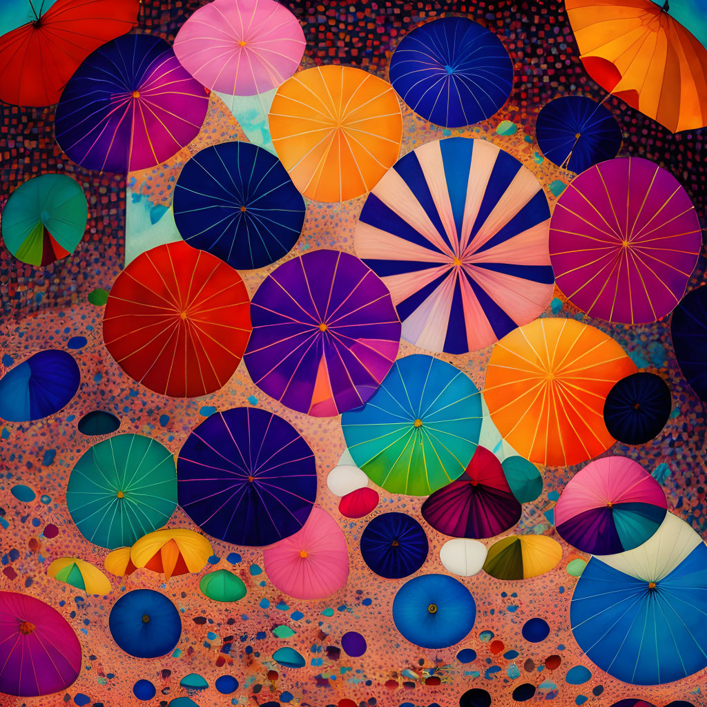 Vibrant umbrellas on polka-dotted background