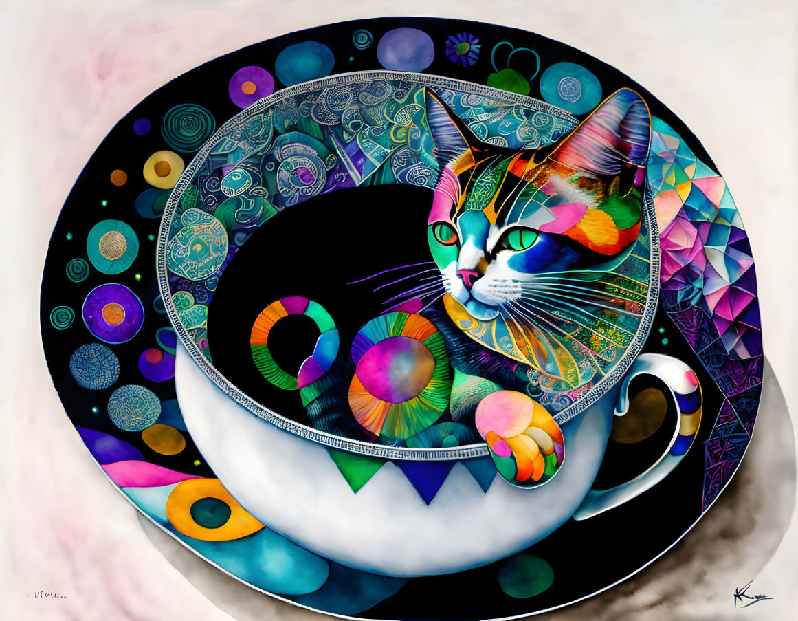 Colorful Stylized Cat Illustration with Geometric Shapes