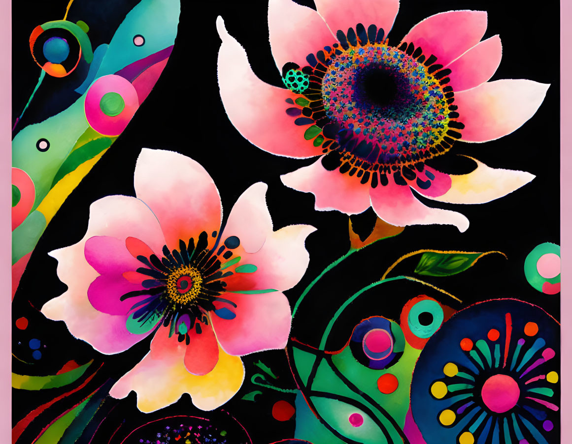 Abstract Painting: Stylized Pink Flowers & Colorful Orbs on Dark Background