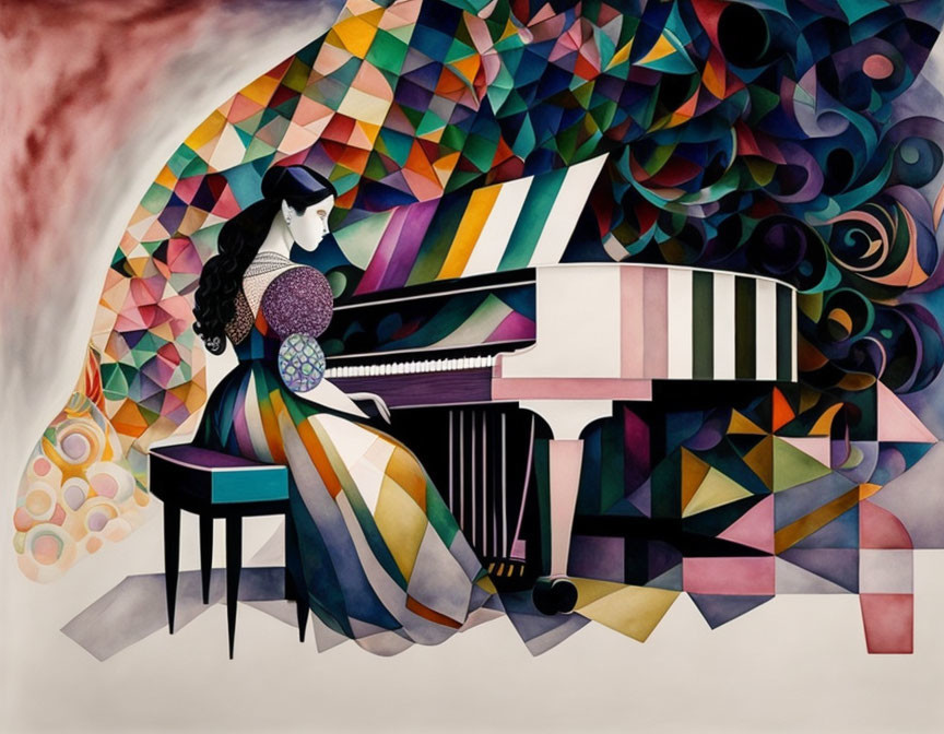 Vibrant painting of woman playing geometric-patterned piano