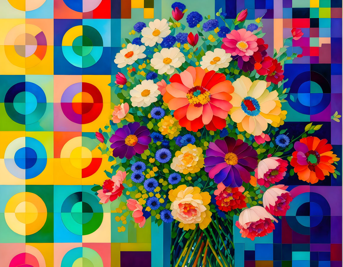 Colorful Flowers Bouquet on Geometric Background with Squares and Circles