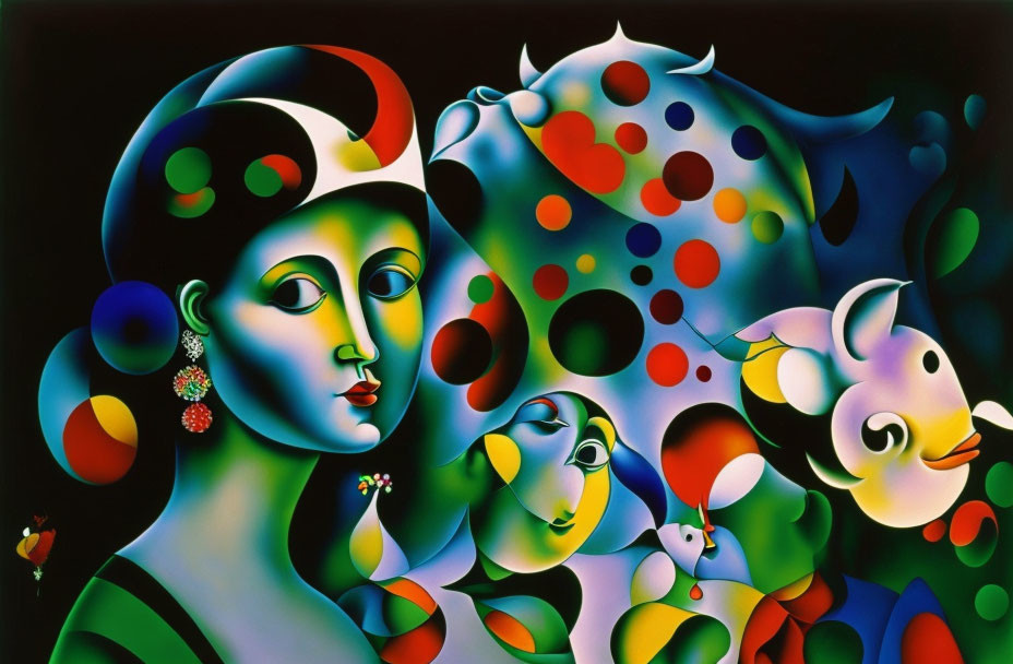 Colorful Abstract Painting with Stylized Figures & Whimsical Shapes