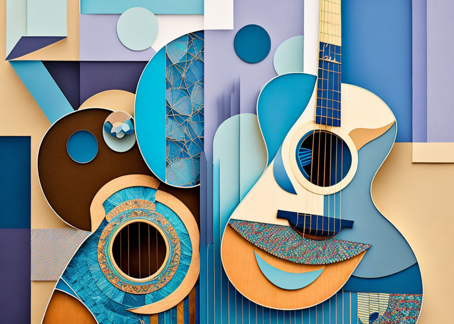 Geometric abstract art with guitar figures on blues and browns