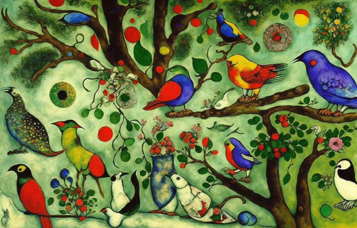 Colorful Birds on Tree Branches with Flowers and Fruits