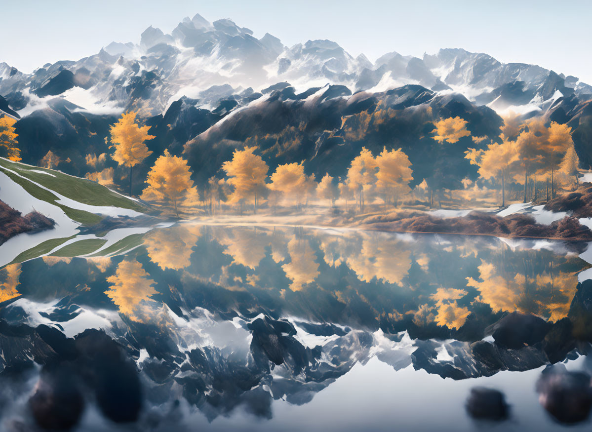 Tranquil autumn mountain scene with golden trees, misty peaks, and snowy caps