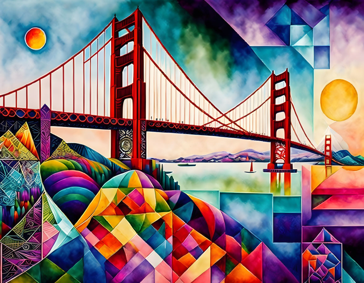 Abstract Golden Gate Bridge Art with Geometric Patterns and Surreal Landscape