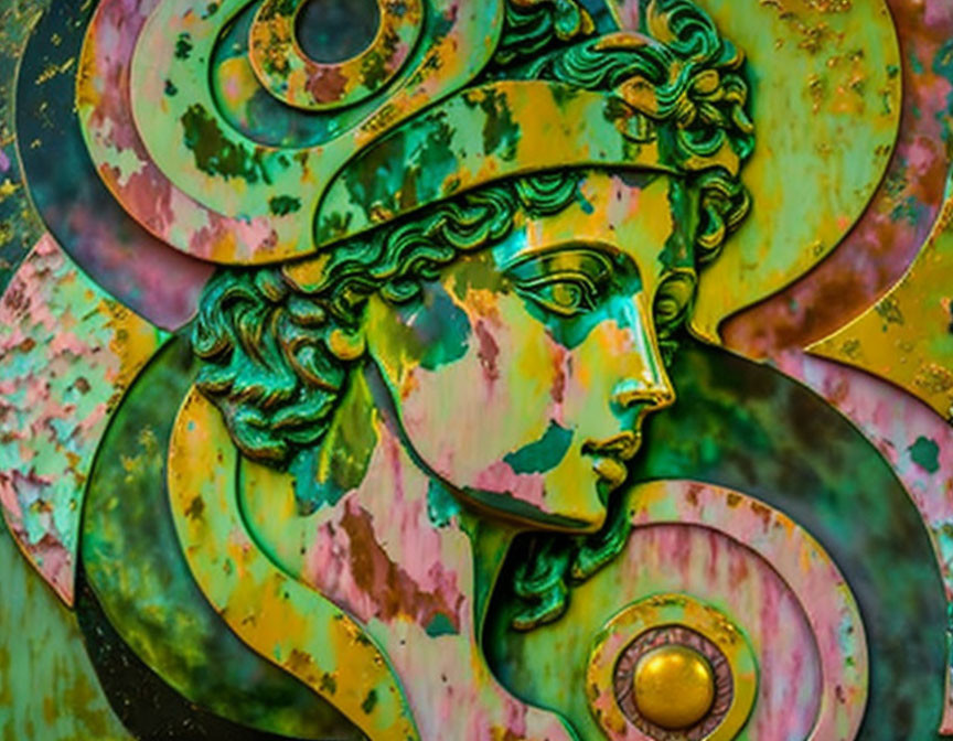 Stylized metallic artwork of a classical figure with swirling patterns