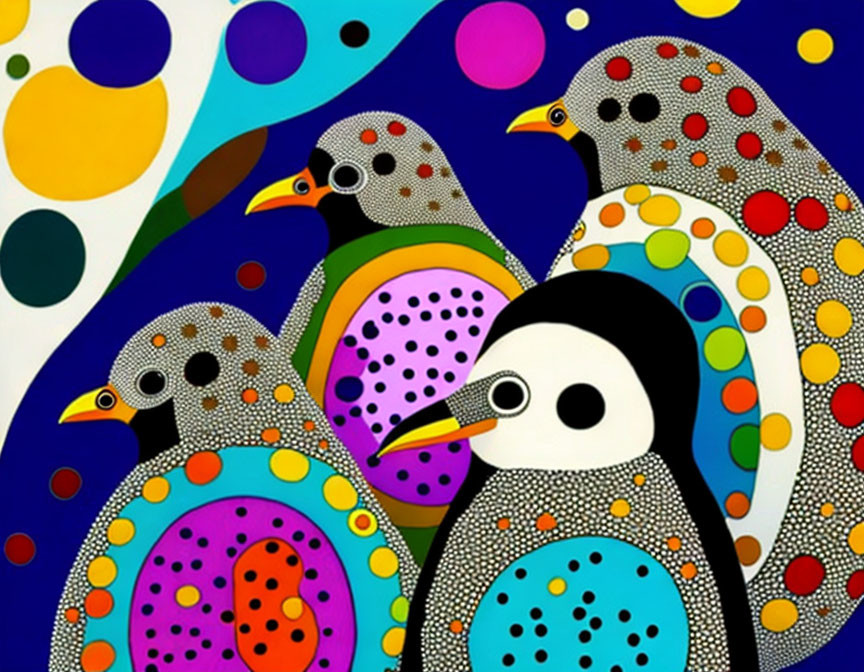 Vivid Penguin Artwork with Colorful Patterns on Blue Background