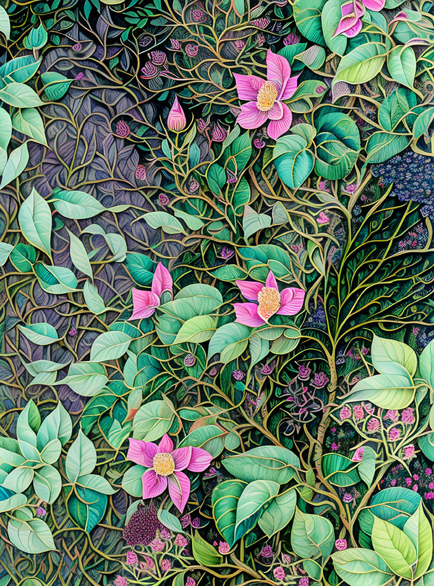 Detailed Botanical Illustration of Green Foliage and Pink Flowers