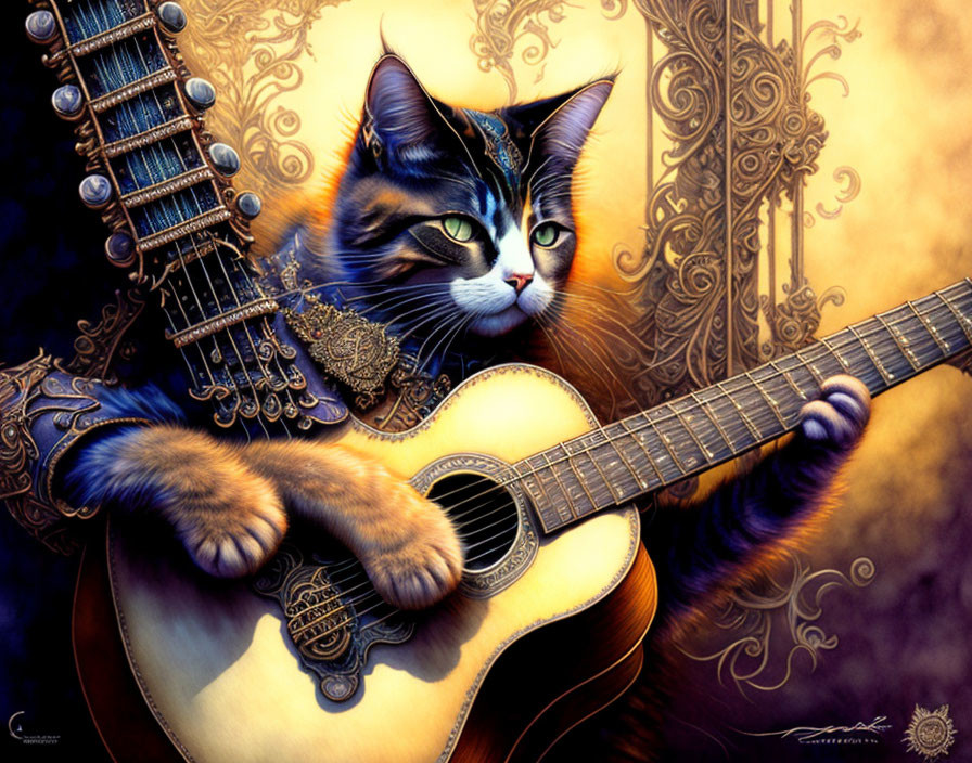 Cat with human-like hands playing guitar in golden-toned setting