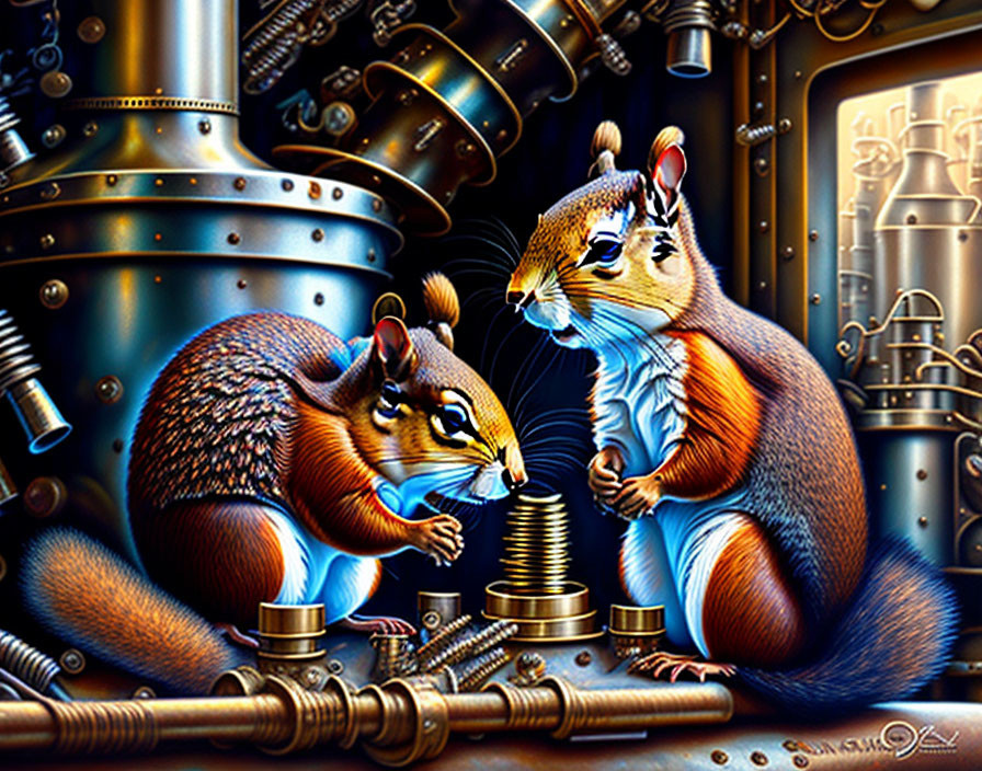 Cartoon chipmunks in mechanical setting with intricate machinery.