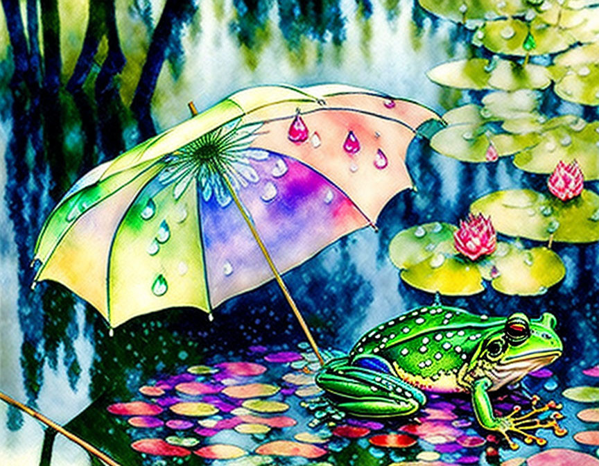 Vibrant illustration of green frog with umbrella by pond