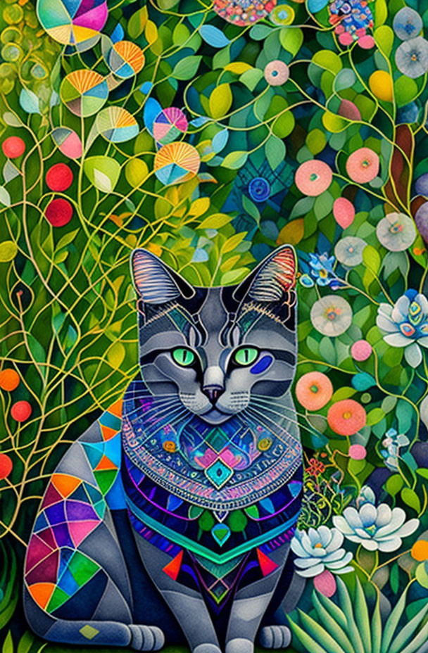 Colorful cat illustration with intricate patterns on lush botanical backdrop