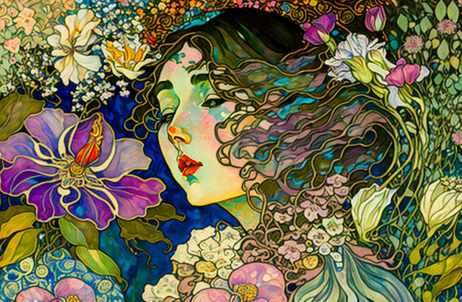 Vibrant Art Nouveau portrait with flowing hair and botanical details